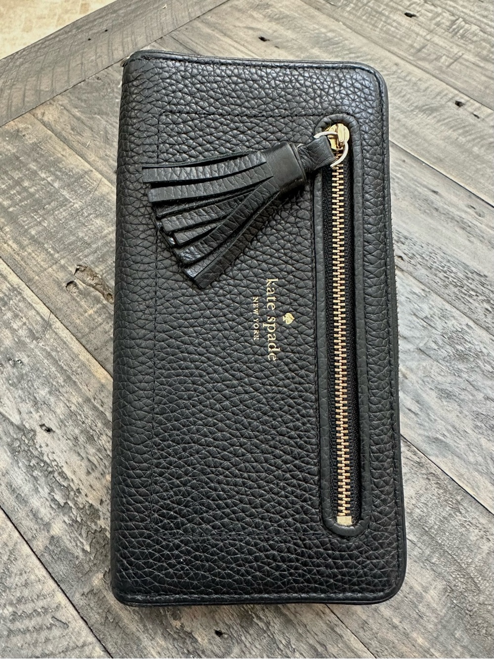 Kate Spade Black Pebbled Leather Tassel Zip Wallet with Gold Hardware